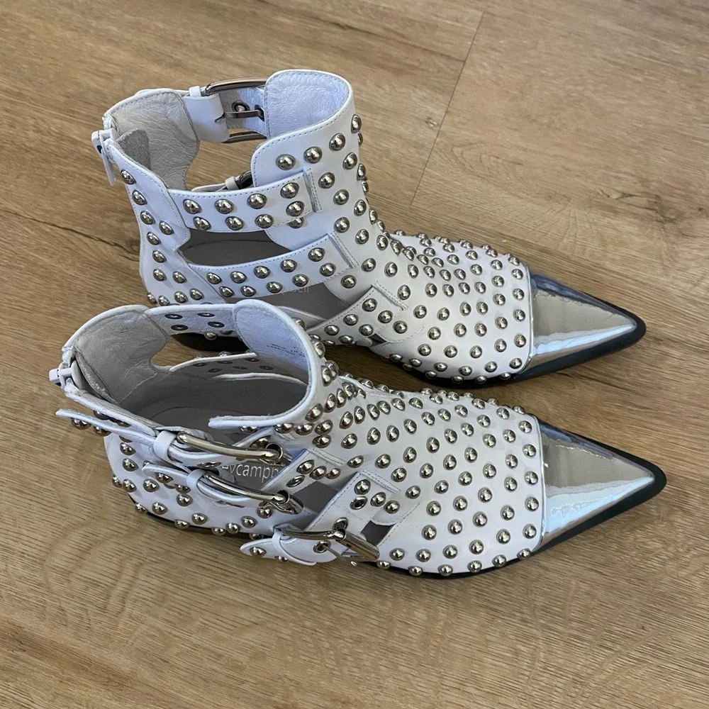 Jeffrey Campbell Kait Studded Ankle Boot Cutout Buckle White 7 NEW